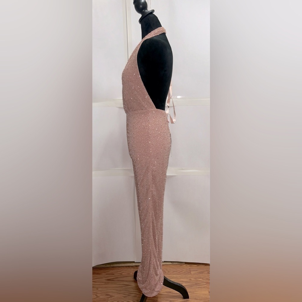Oh Polly Embellished Plunge Neck Backless Halter Jumpsuit Beige Beaded Sequins 2 - Picture 6 of 15